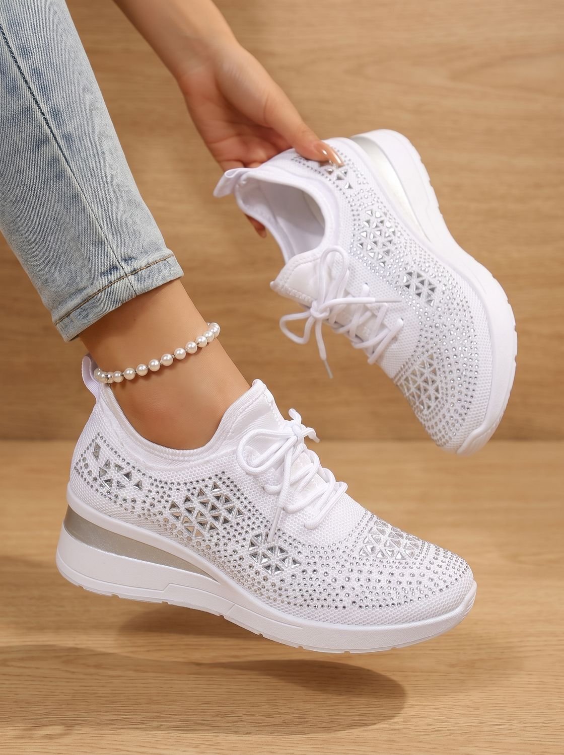 Madison | Women's Rhinestone Knit Wedge Lace-Up Orthopedic Sneakers