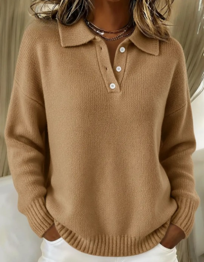 Marigold | Women's Ribbed Button Collar Long Sleeve Sweater