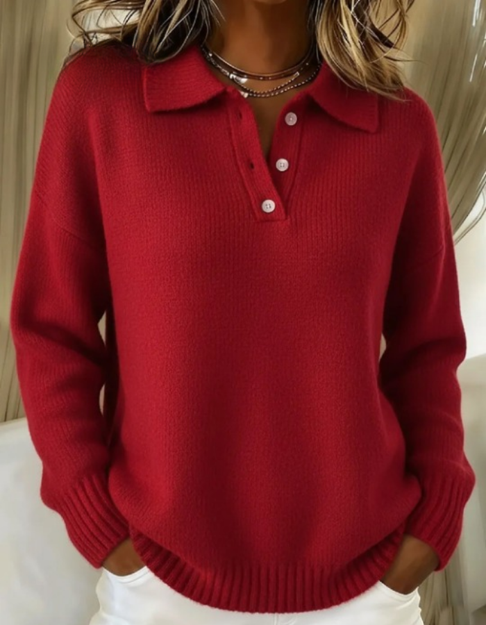 Marigold | Women's Ribbed Button Collar Long Sleeve Sweater