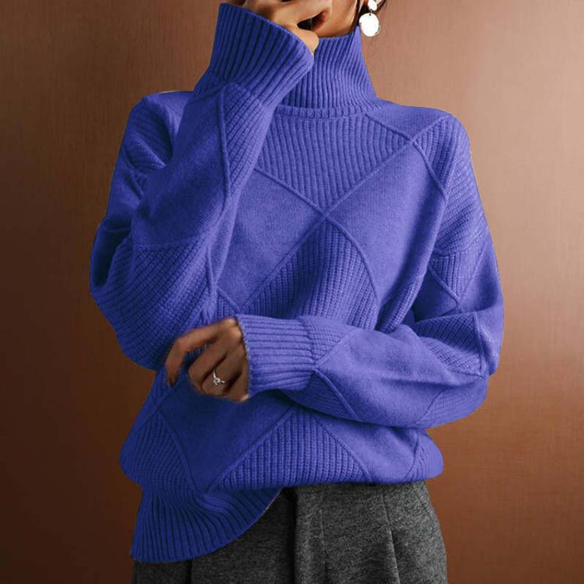 Marisol | Women's Diamond Pattern Oversized Turtleneck Sweater