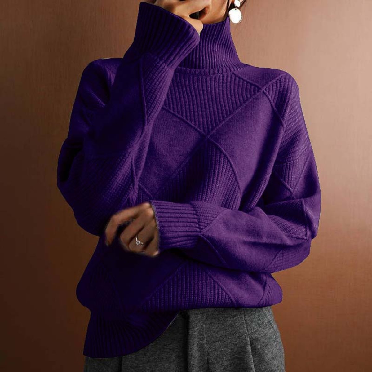Marisol | Women's Diamond Pattern Oversized Turtleneck Sweater