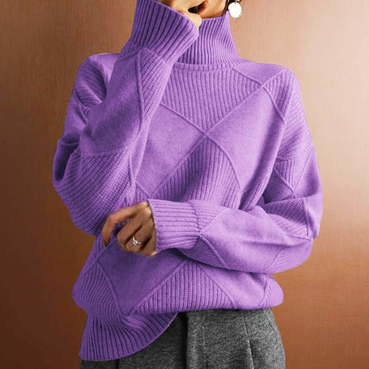 Marisol | Women's Diamond Pattern Oversized Turtleneck Sweater