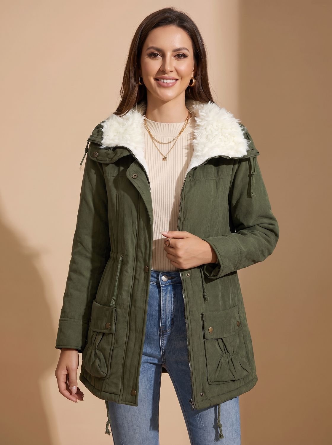 Mia | Women's Faux-Fur Collar Drawstring Waist Winter Parka Coat