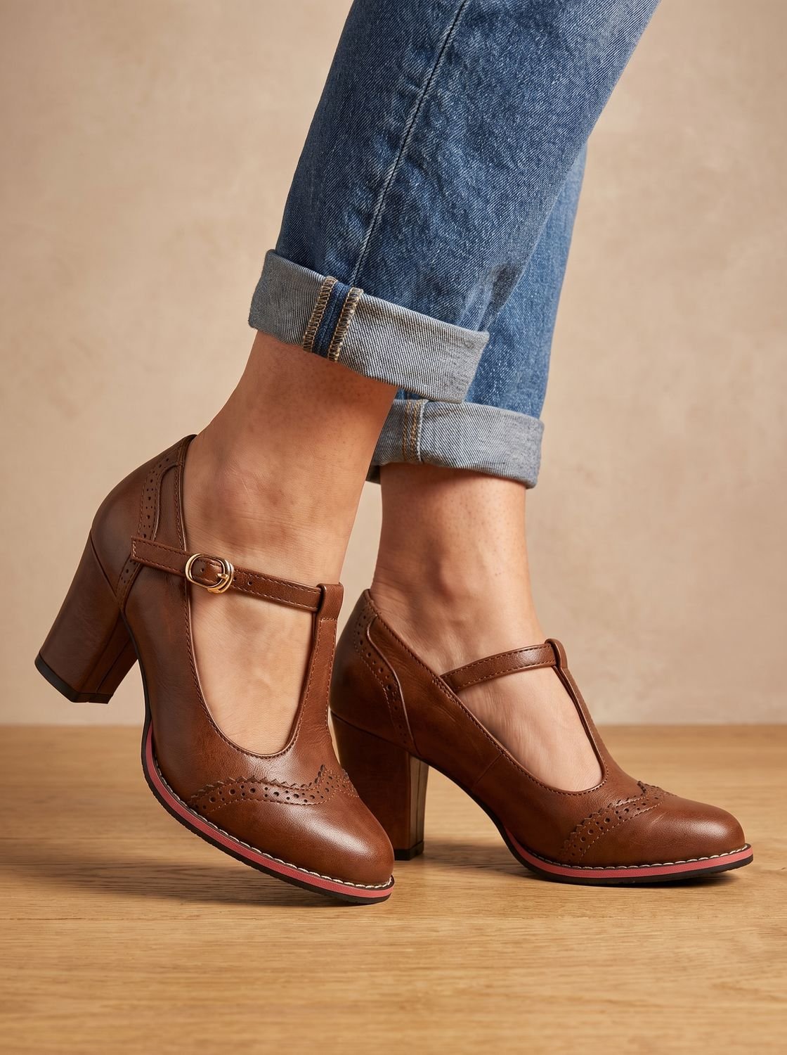 Mia | Women's Retro Brogue T-Bar Block Heel Pumps