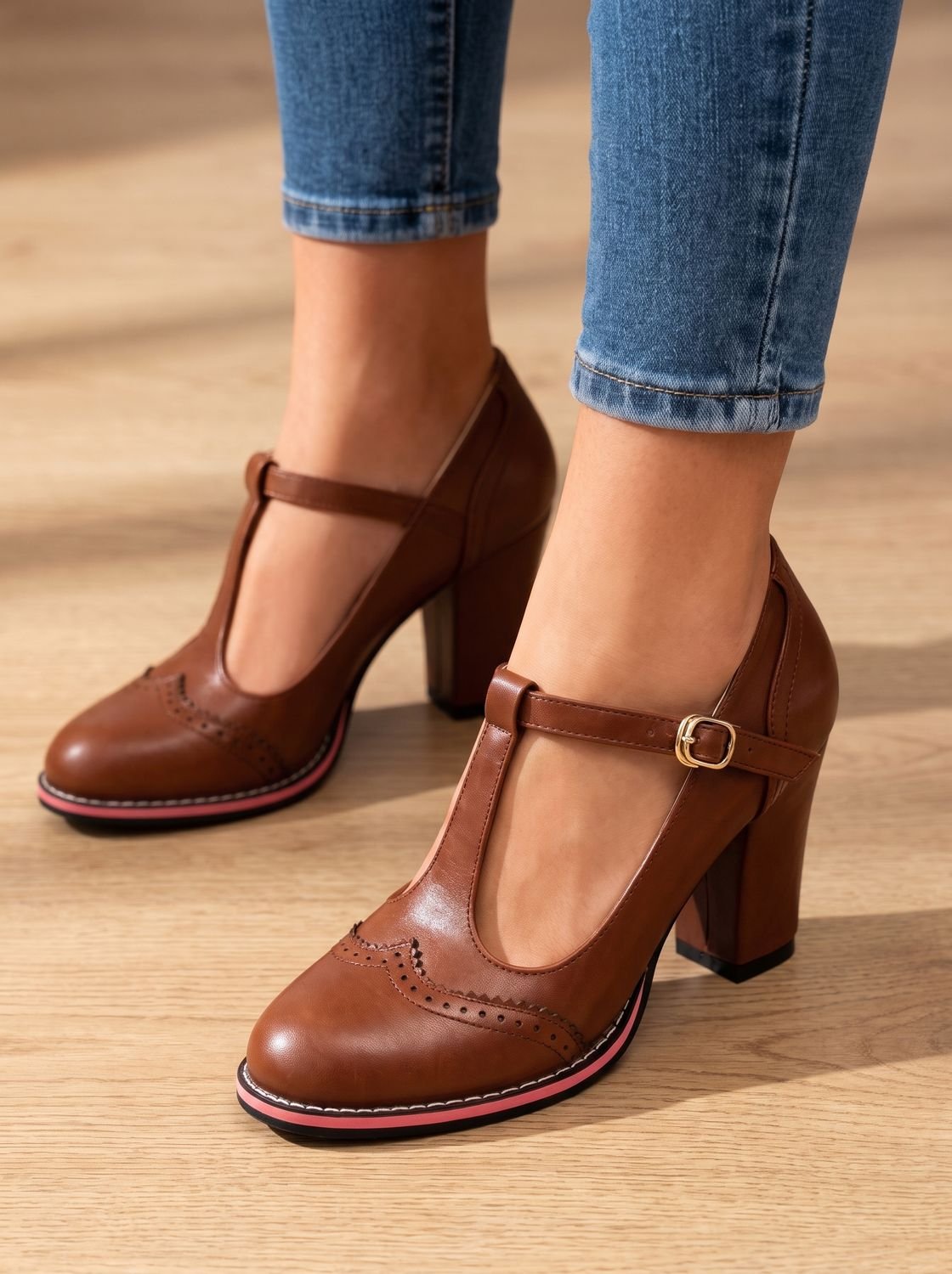Mia | Women's Retro Brogue T-Bar Block Heel Pumps
