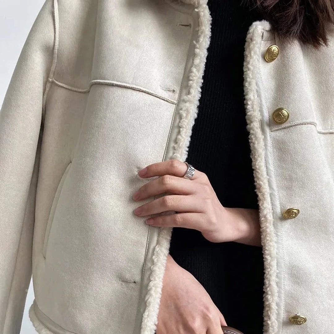 Odette | Women's Collarless Button Front Shearling Coat