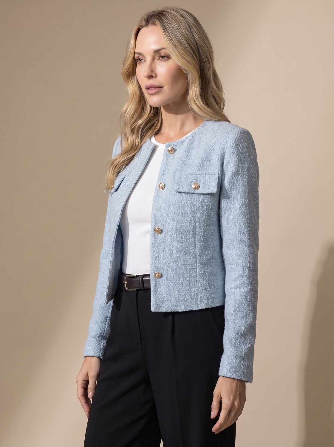 Penelope | Women's Cropped Tweed Blazer Collarless Gold-Button Flap-Pocket Jacket