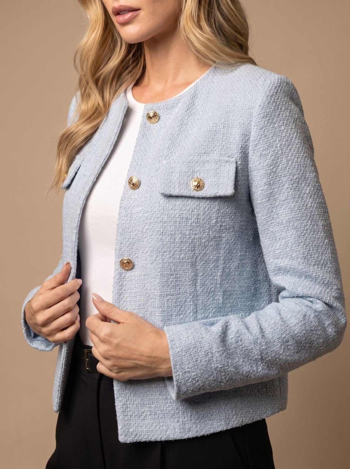 Penelope | Women's Cropped Tweed Blazer Collarless Gold-Button Flap-Pocket Jacket