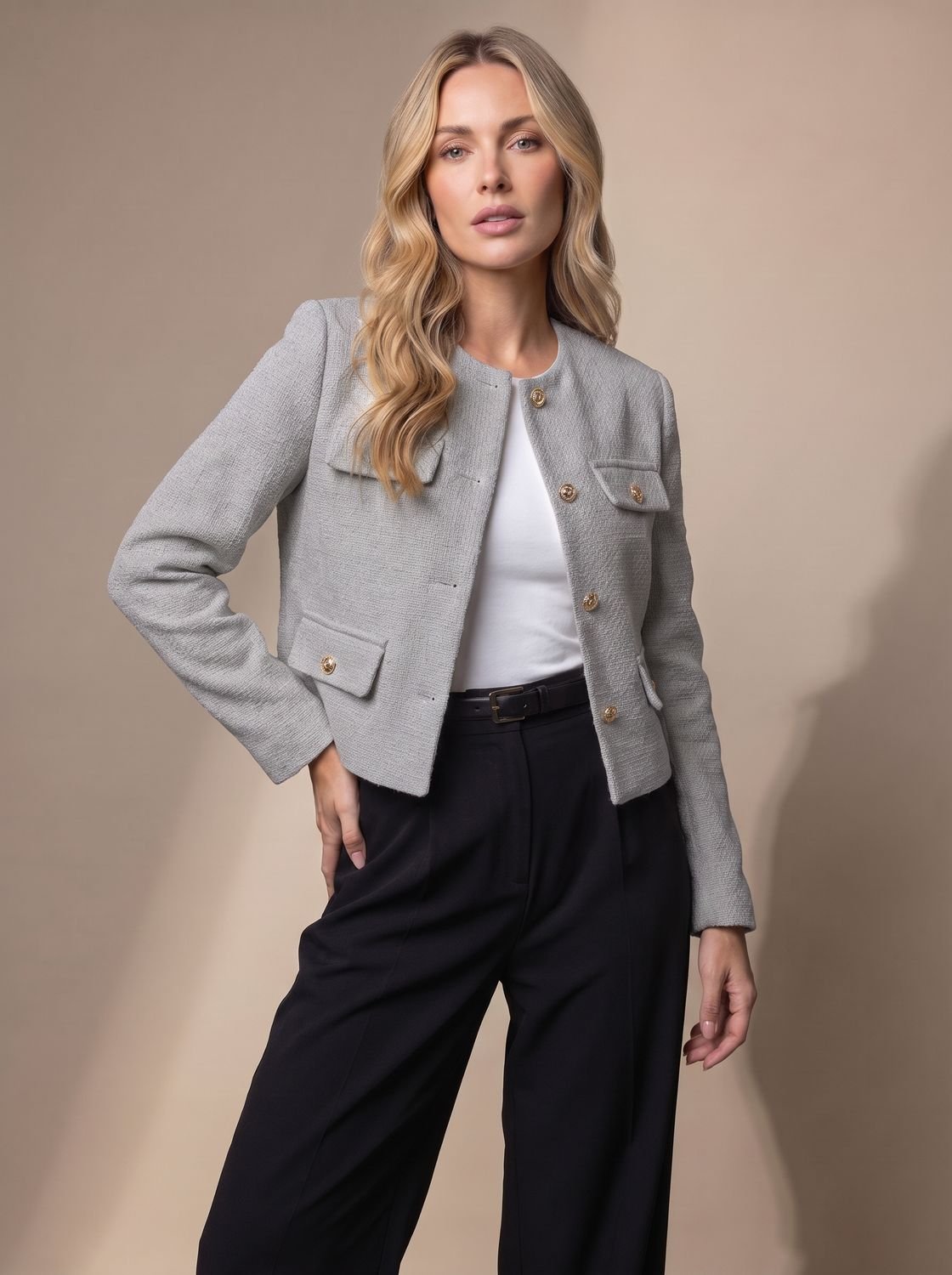 Penelope | Women's Cropped Tweed Blazer Collarless Gold-Button Flap-Pocket Jacket