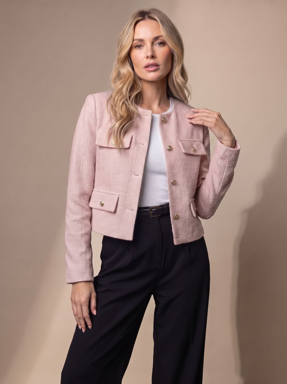 Penelope | Women's Cropped Tweed Blazer Collarless Gold-Button Flap-Pocket Jacket