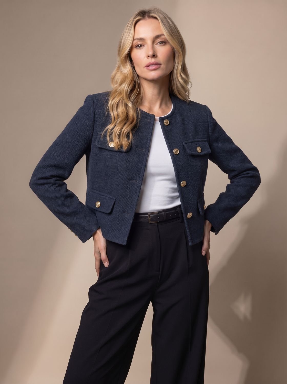 Penelope | Women's Cropped Tweed Blazer Collarless Gold-Button Flap-Pocket Jacket