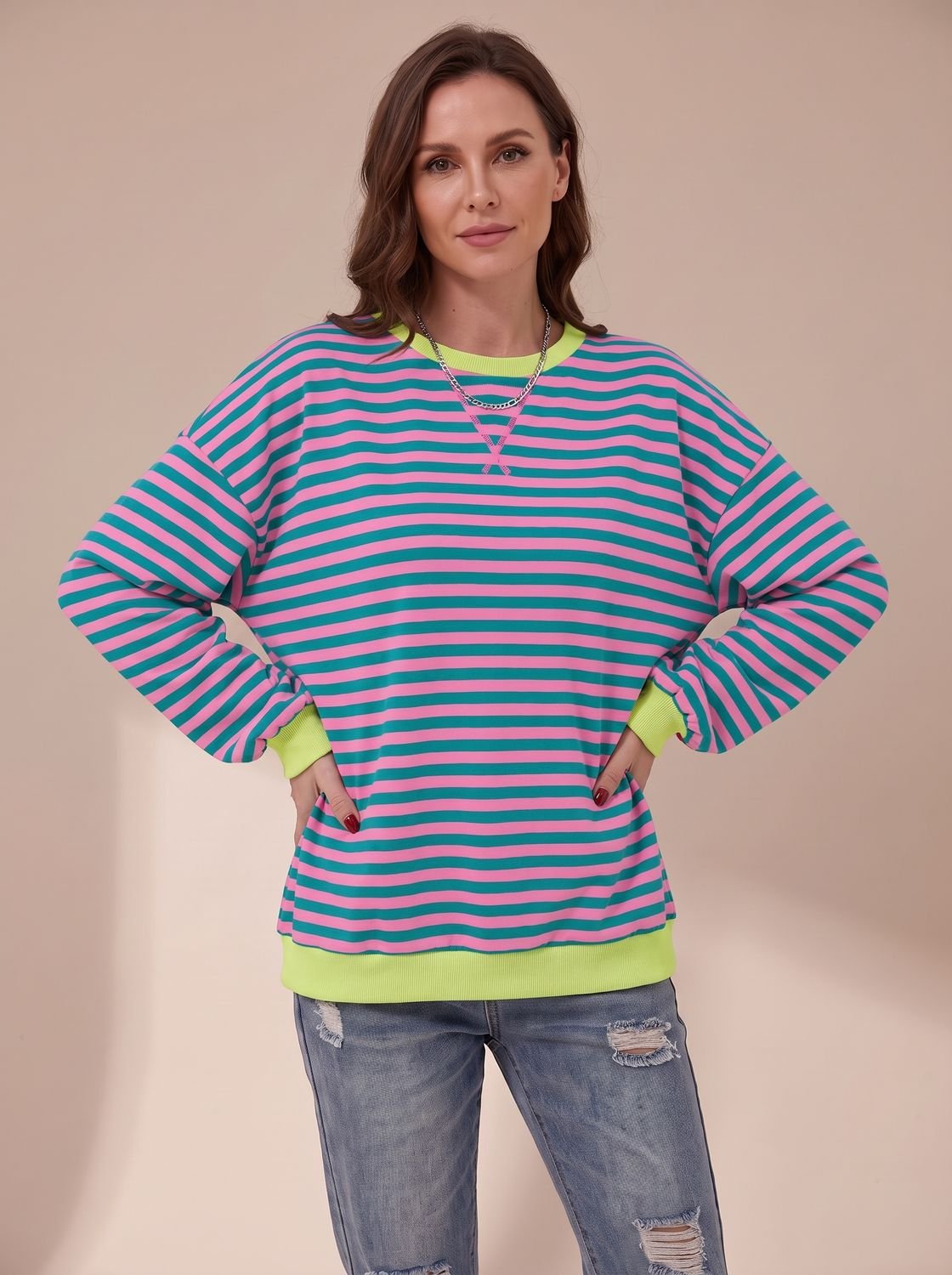 Penelope | Women's Oversized Retro Striped Crewneck Sweatshirt