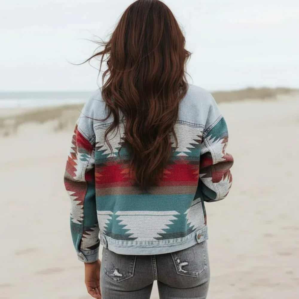 Presley | Women's Geometric Print Button Front Denim Jacket