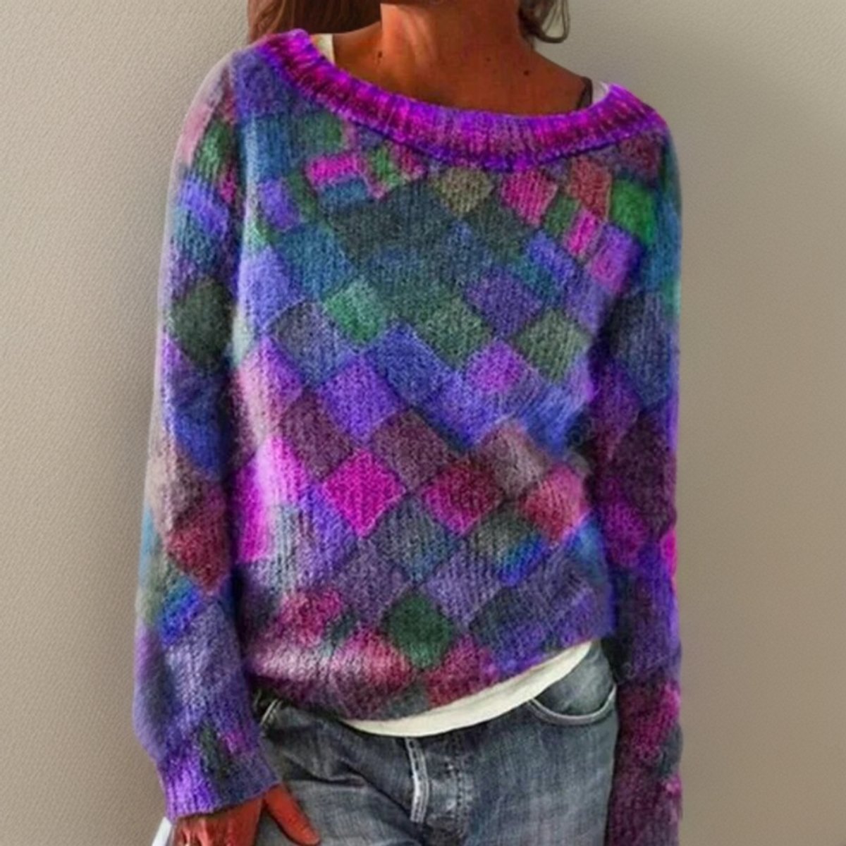 Priscilla | Women's Diamond Pattern Loose Fit Knit Sweater