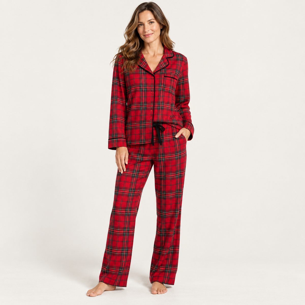 Red Plaid Christmas Pajama Set for Women, 100% Cotton