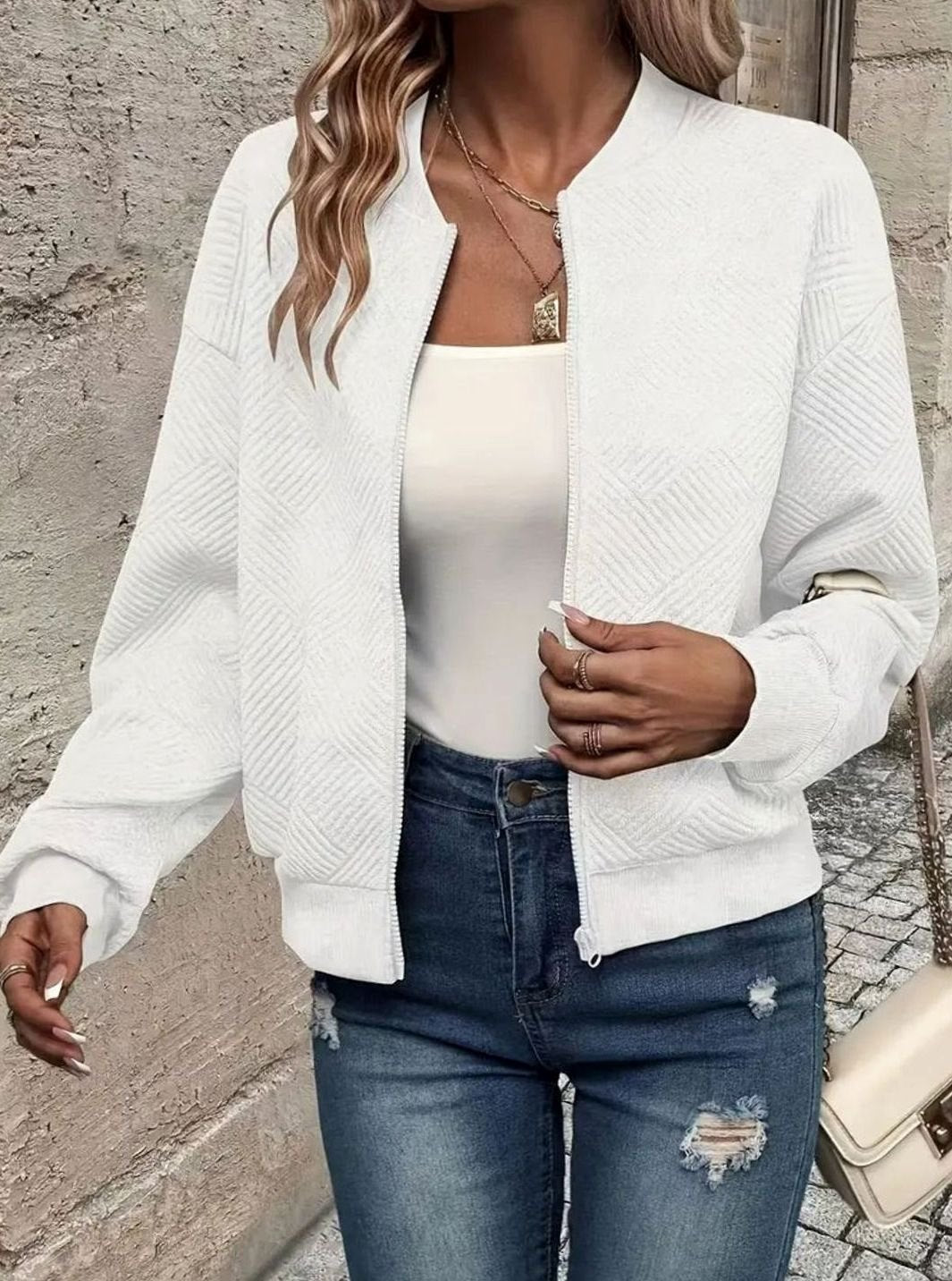 Sabine | Women's Zip-Up Textured Knit Bomber Jacket