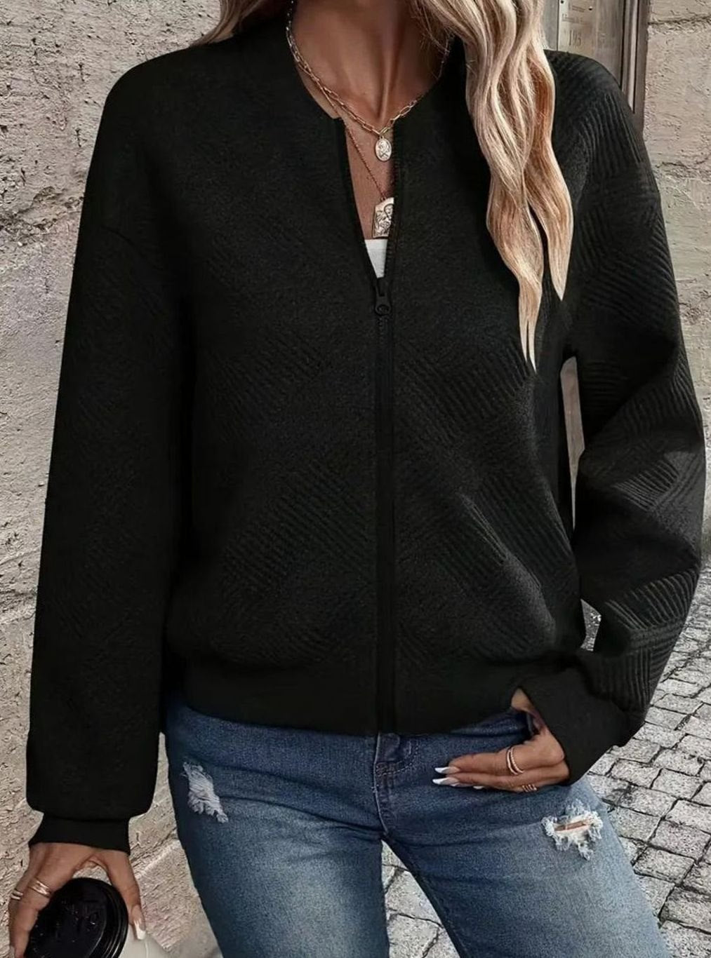 Sabine | Women's Zip-Up Textured Knit Bomber Jacket