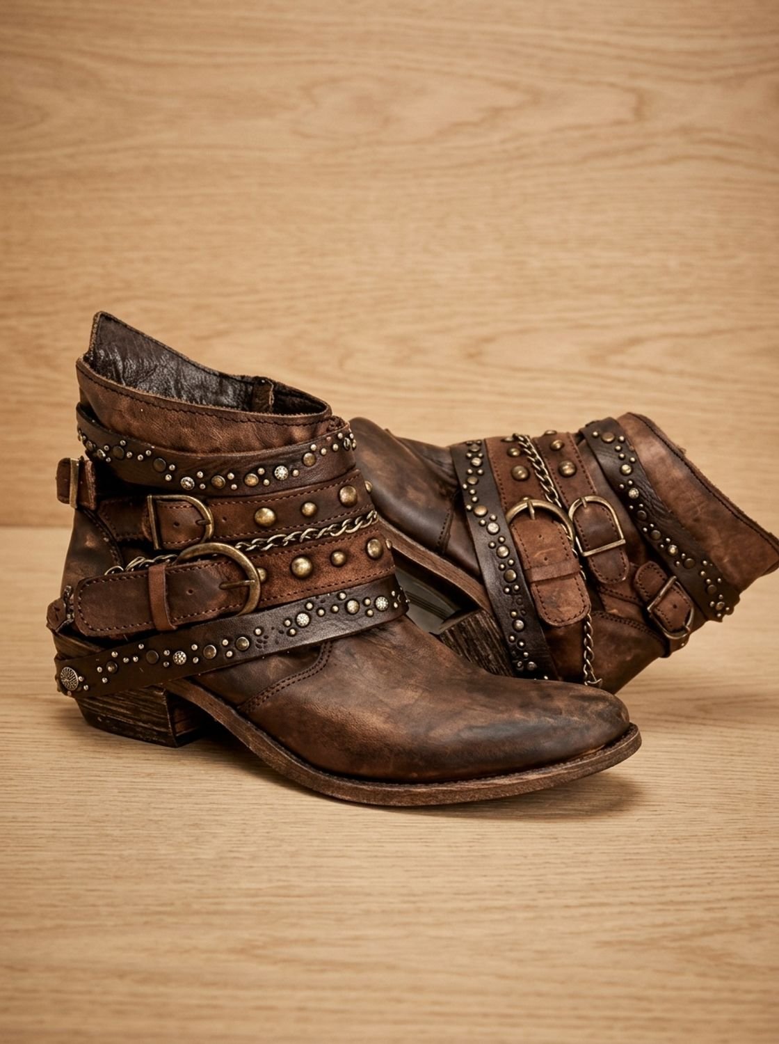 Scarlett | Women's Vintage Studded Buckle-Strap Western Ankle Boots