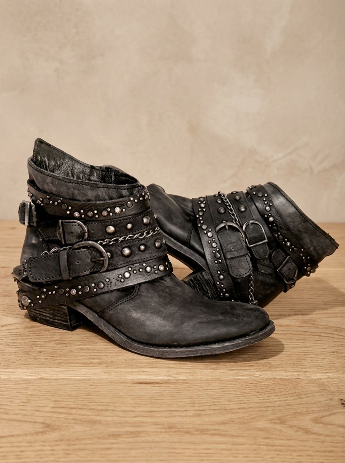 Scarlett | Women's Vintage Studded Buckle-Strap Western Ankle Boots