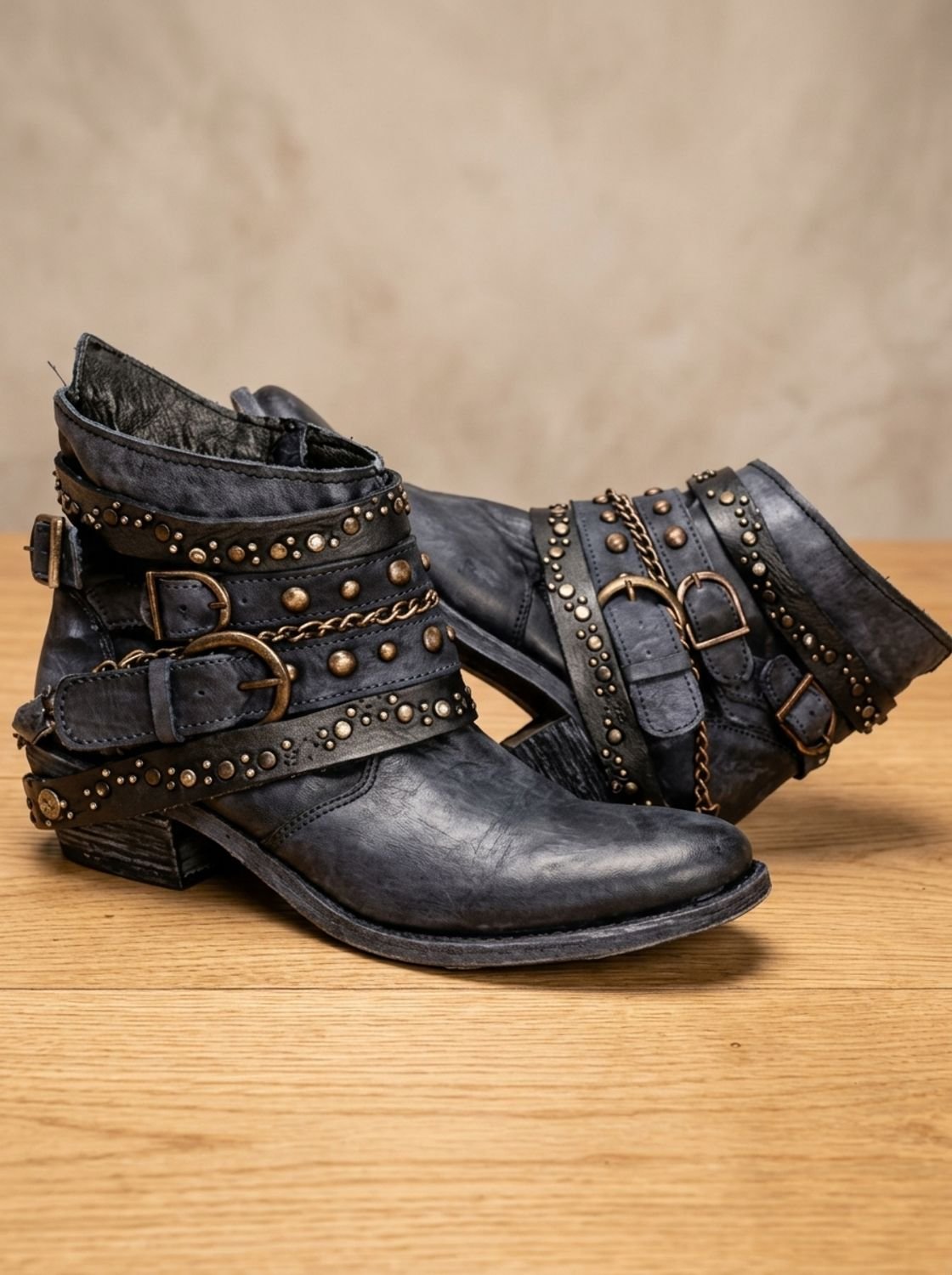Scarlett | Women's Vintage Studded Buckle-Strap Western Ankle Boots