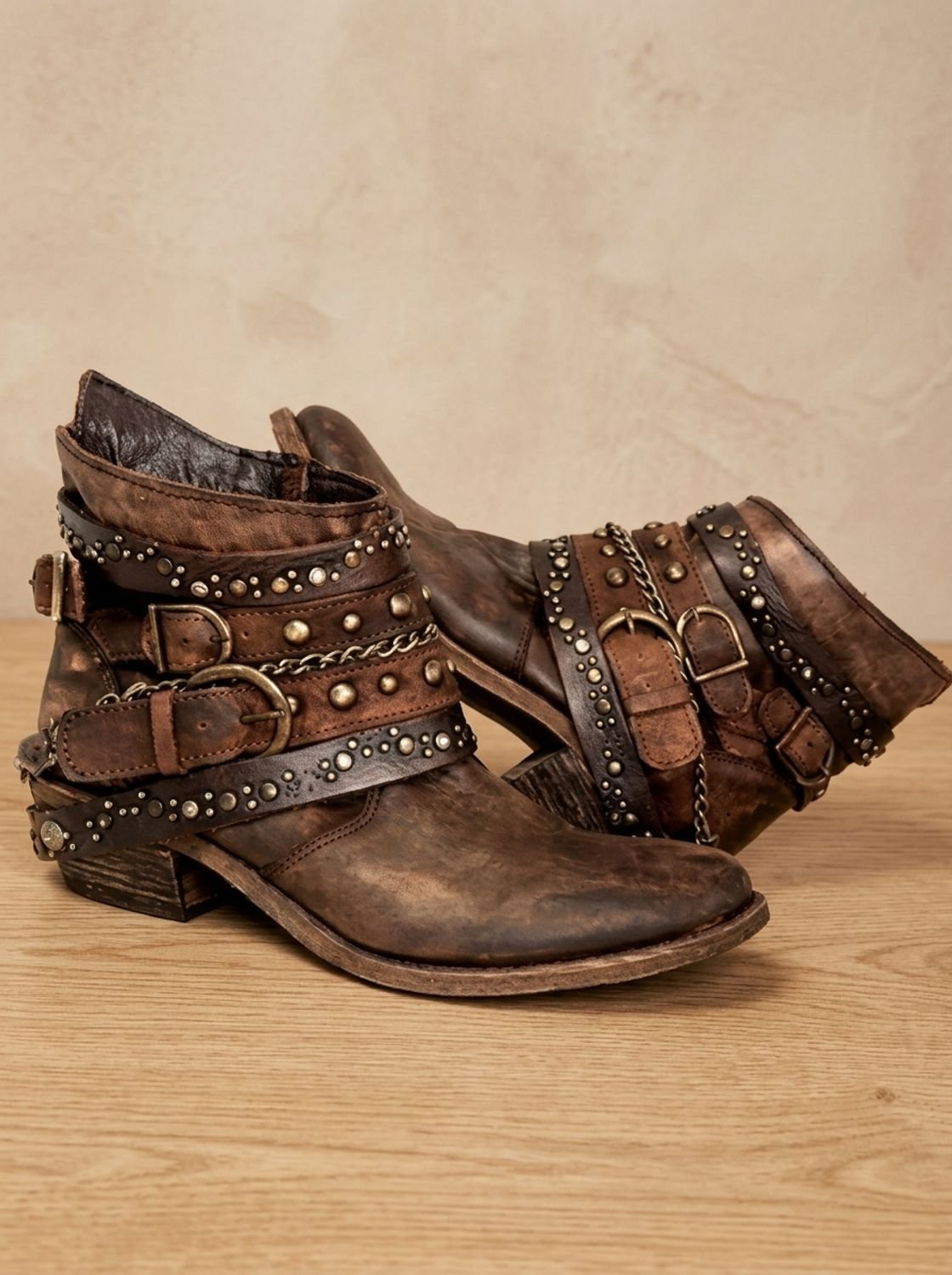 Scarlett | Women's Vintage Studded Buckle-Strap Western Ankle Boots