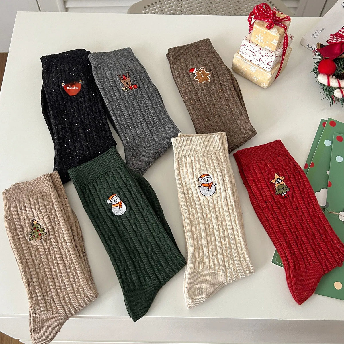 Snowman Cable Knit Socks for Women, Mid-Calf