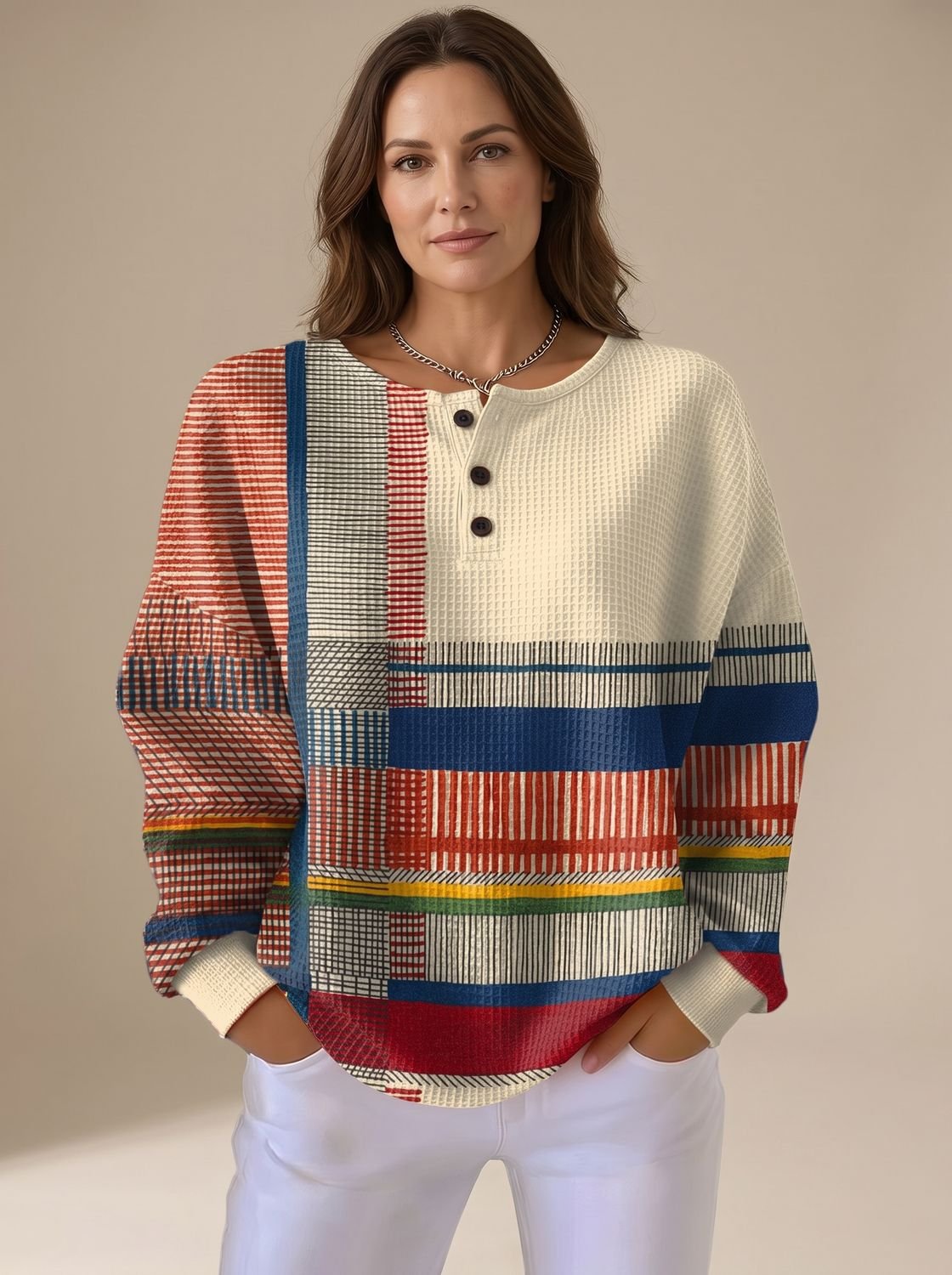 Sophia | Women's Colorblock Waffle-Knit Henley Pullover Sweater