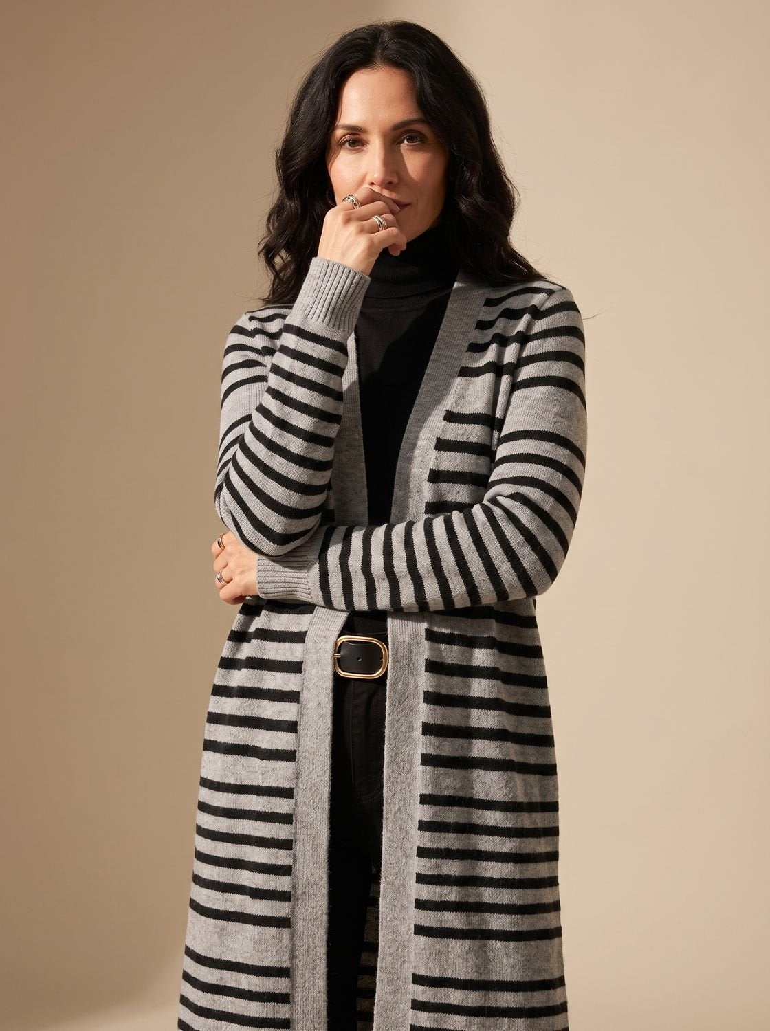 Sophia | Women's Oversized Open-Front Striped Long Knit Cardigan