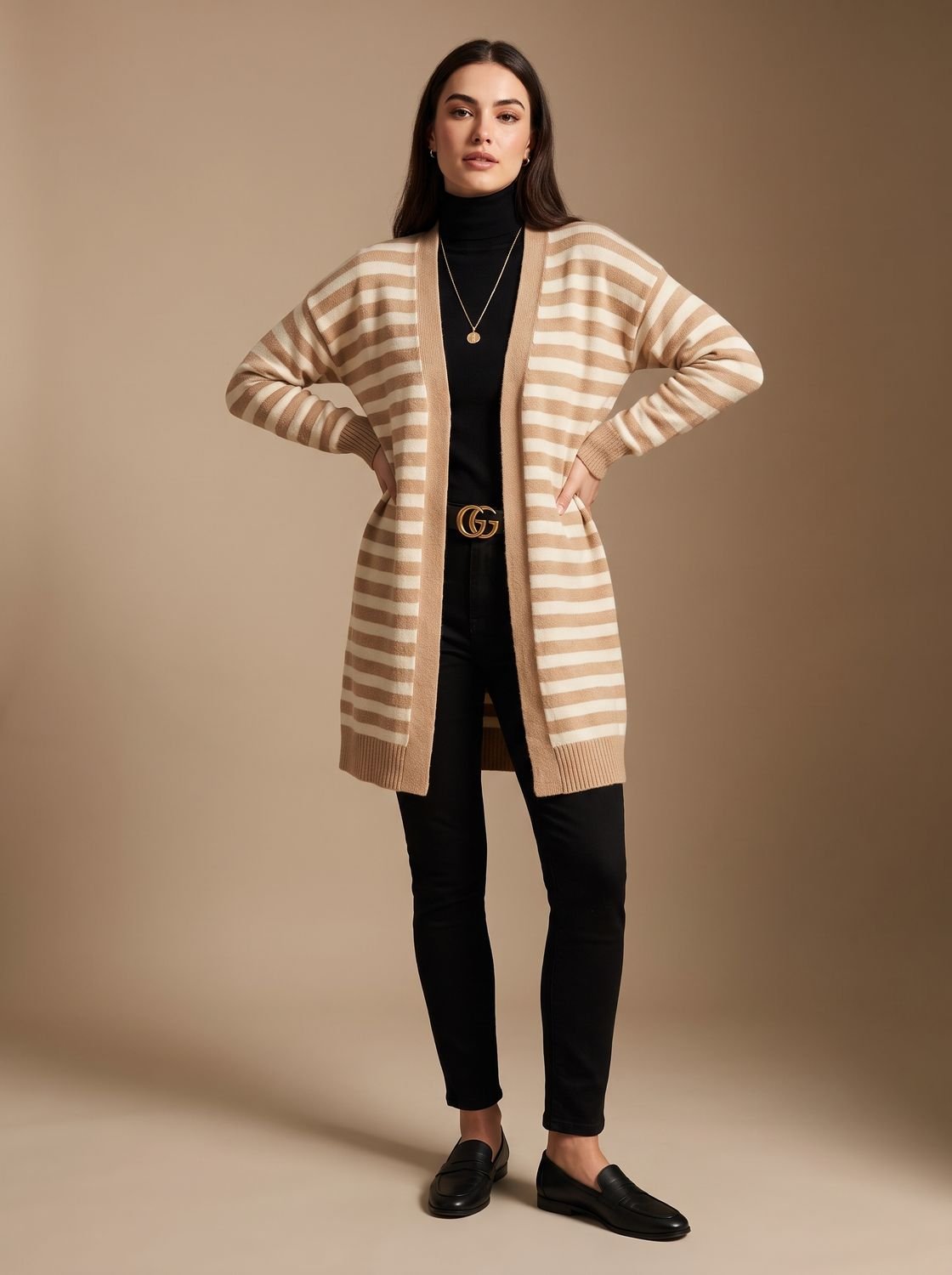 Sophia | Women's Oversized Open-Front Striped Long Knit Cardigan