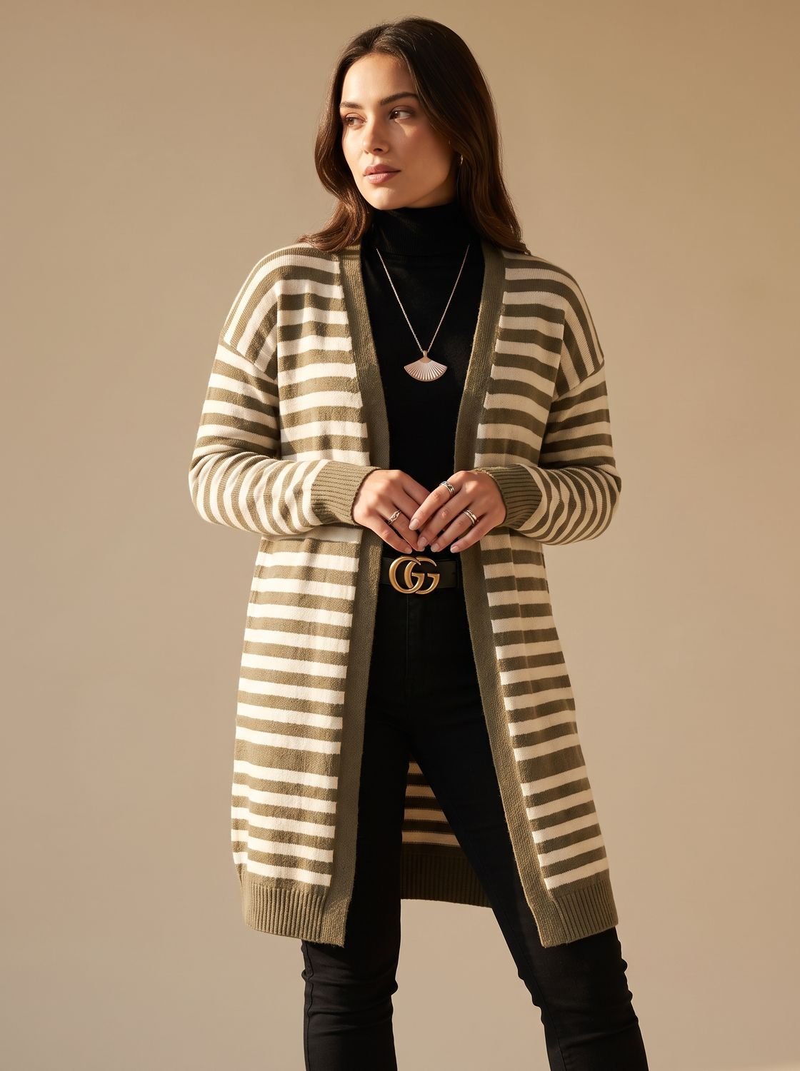 Sophia | Women's Oversized Open-Front Striped Long Knit Cardigan