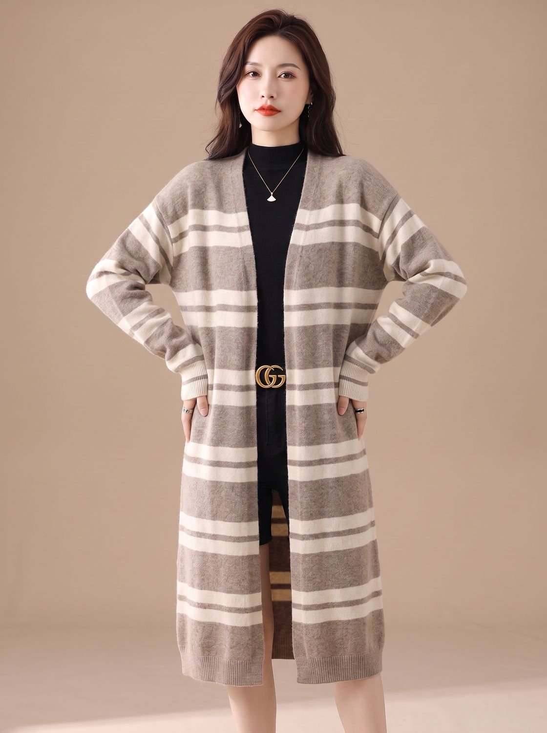 Sophia | Women's Oversized Open-Front Striped Long Knit Cardigan