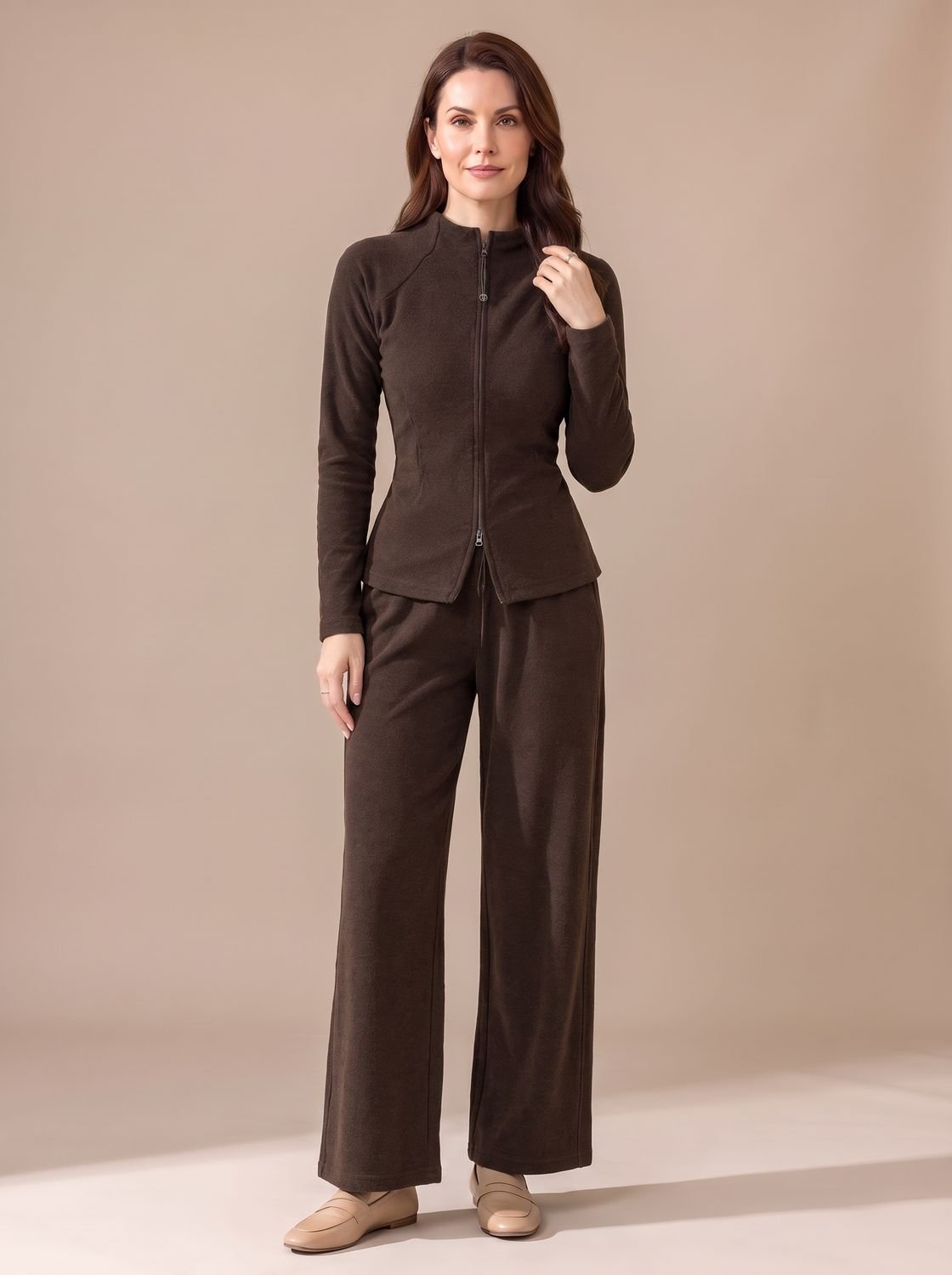 Sophia | Women's Two-Piece Zip-Front Wide-Leg Knit Matching Set