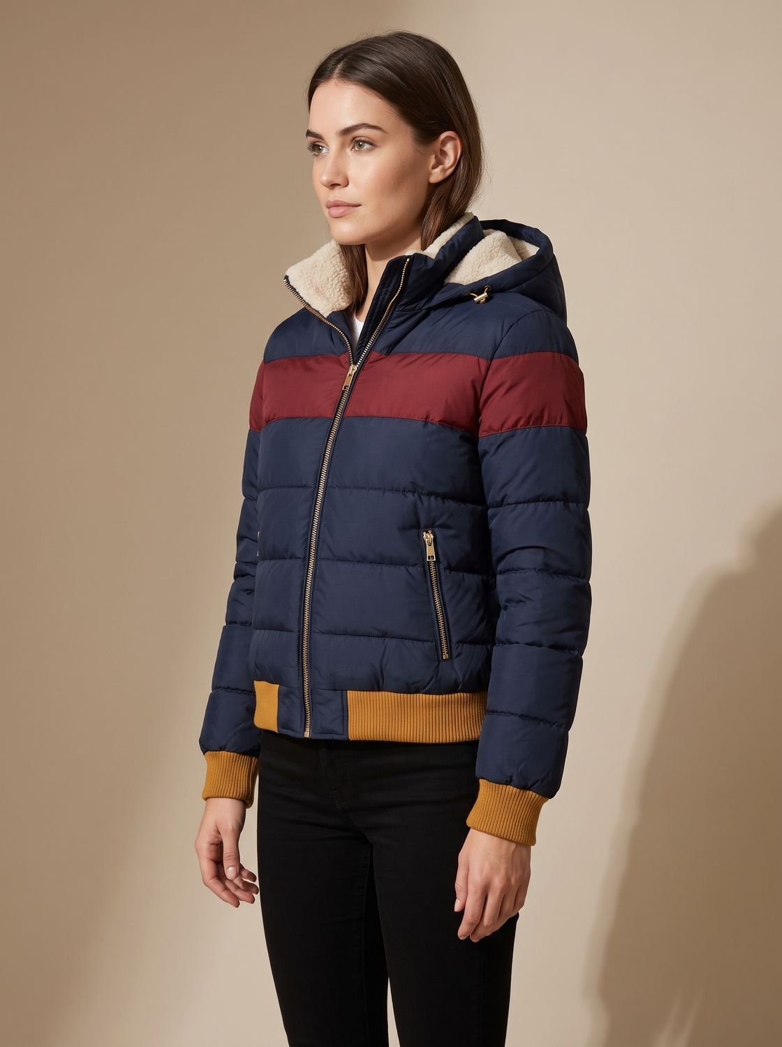Sophia | Women's Waterproof Hooded Puffer Jacket Retro Stripe Color-Block