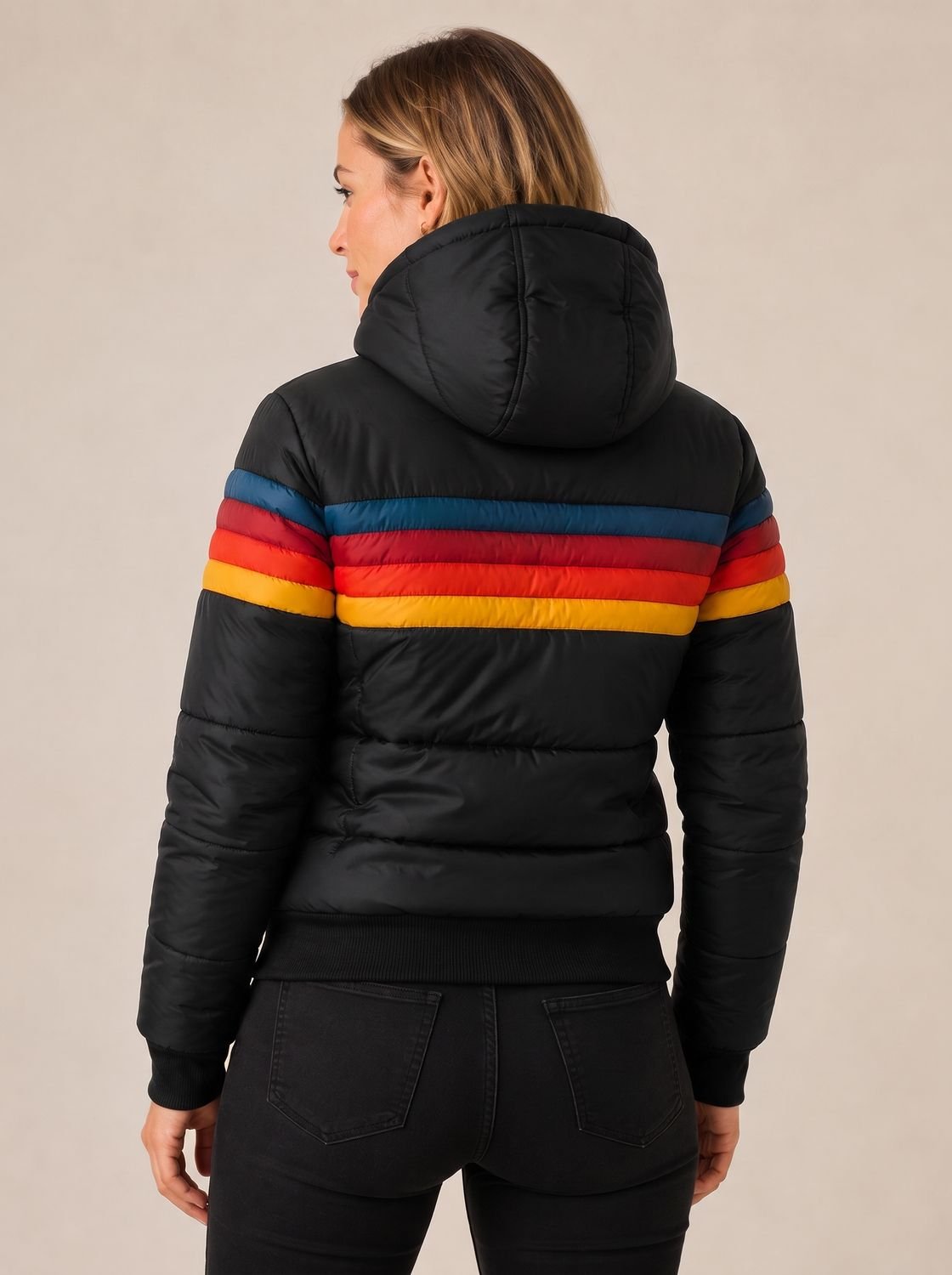Sophia | Women's Waterproof Hooded Puffer Jacket Retro Stripe Color-Block