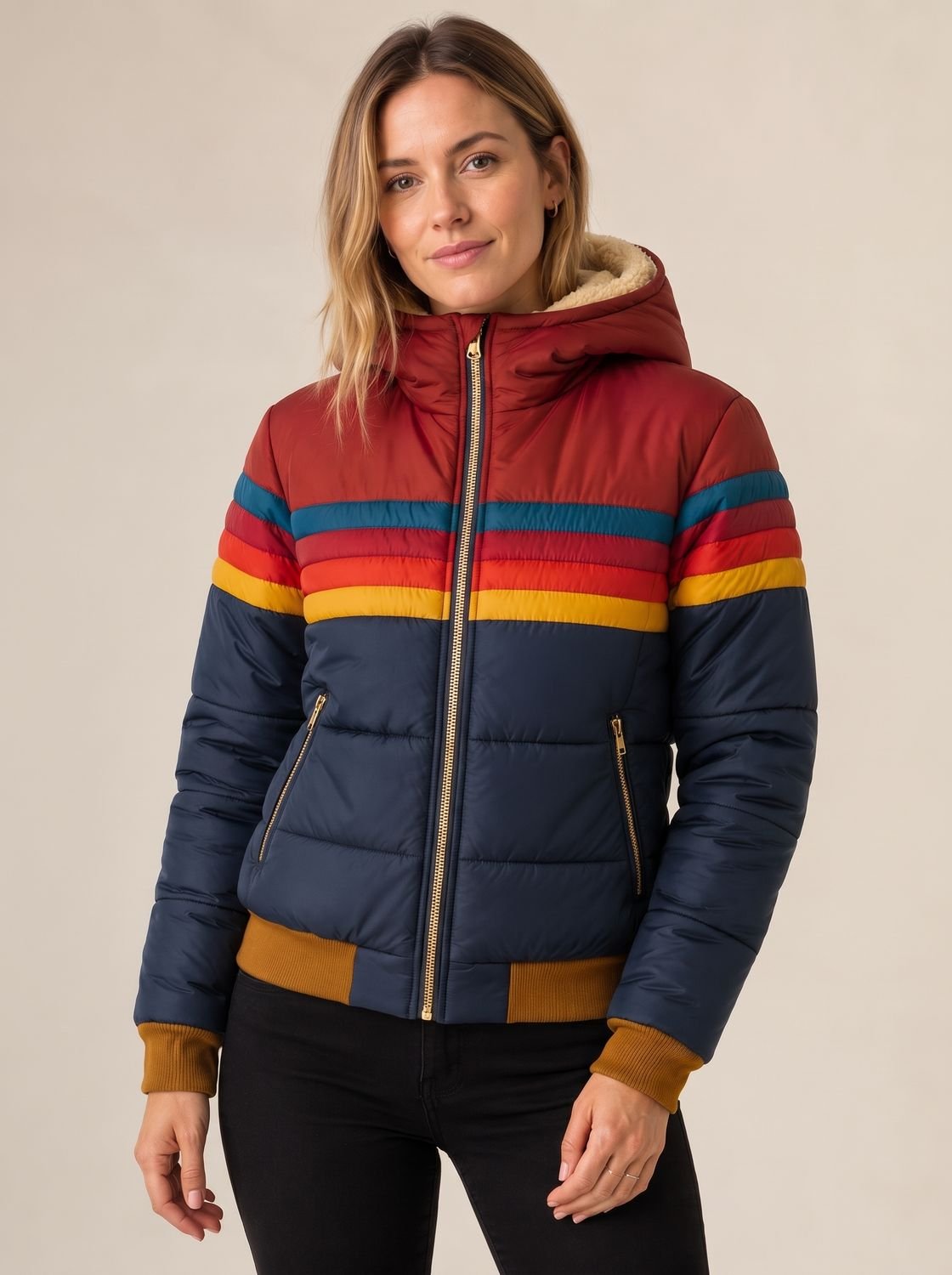 Sophia | Women's Waterproof Hooded Puffer Jacket Retro Stripe Color-Block