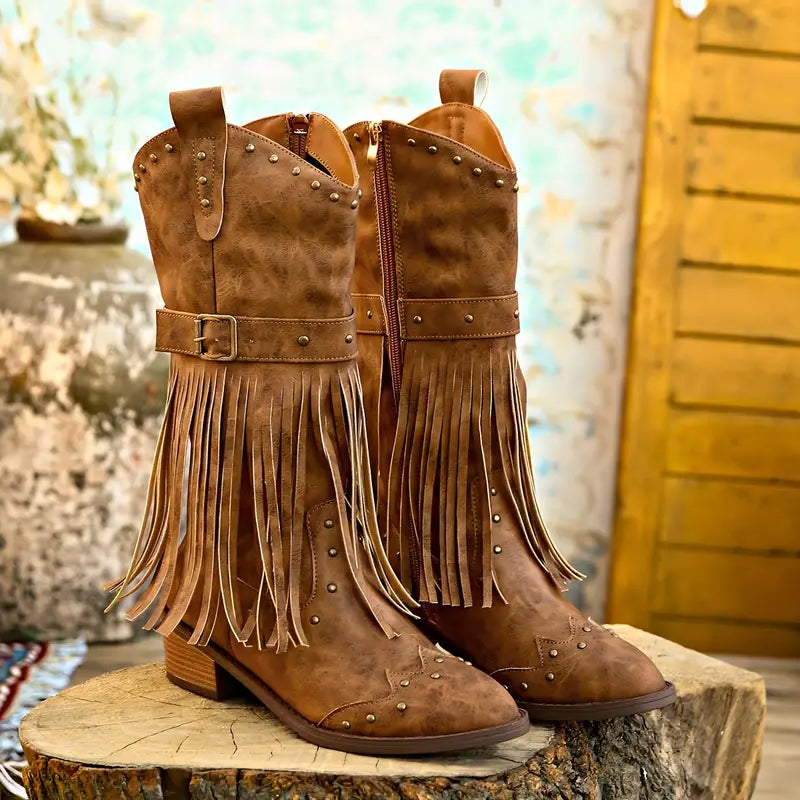Stylish Brown Cowgirl Boots for Women with Fringe Tassel Studded Buckle Block Heel Western Style