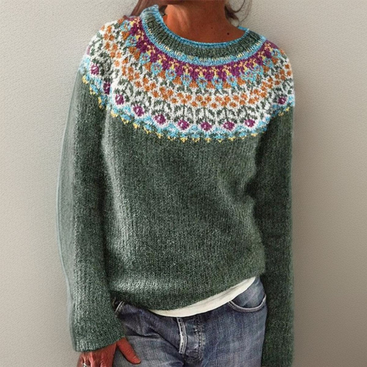 Sylvie | Women's Floral Yoke Round Neck Pullover Sweater