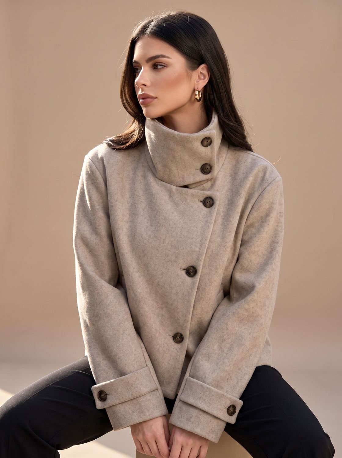 Victoria | Women's High Neck Wool Blend Stand Collar Button-Front Short Coat