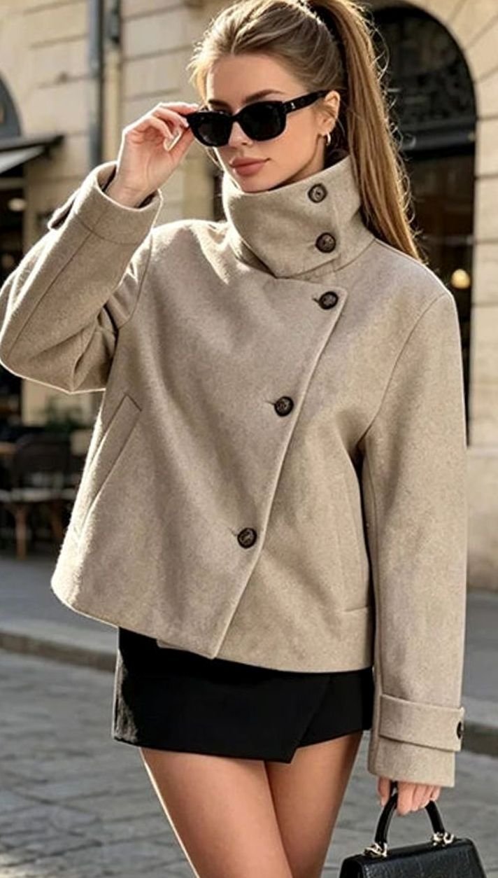 Victoria | Women's High Neck Wool Blend Stand Collar Button-Front Short Coat