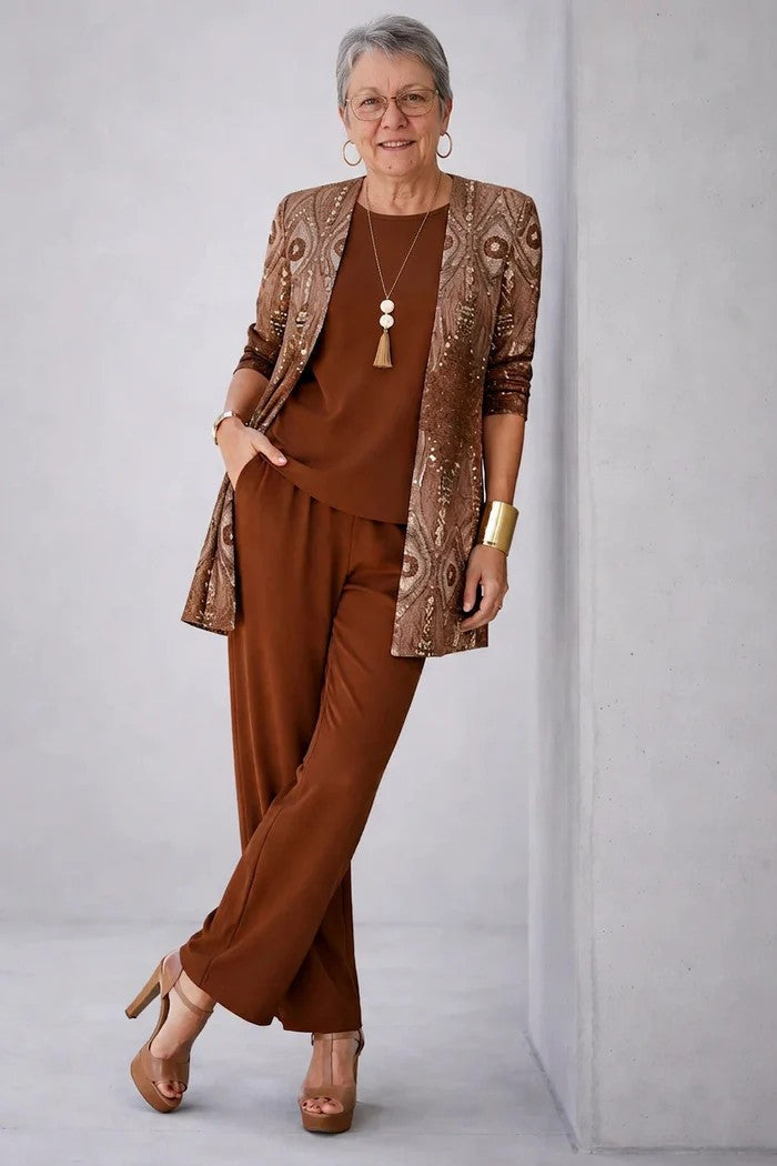 Vivienne | Women's Printed Open Front Cardigan Three-Piece Set