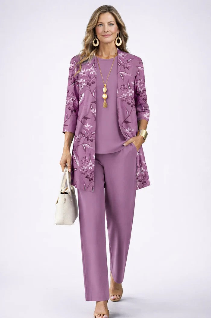Vivienne | Women's Printed Open Front Cardigan Three-Piece Set