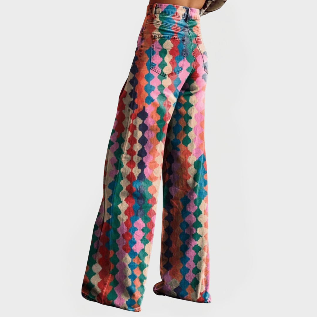 Wide Leg Colorful Jeans with Geometric Pattern for Women