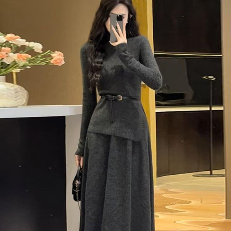 Women's Belted Asymmetric Knit Midi Dress Long Sleeve