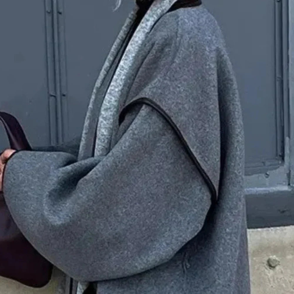 Women's Belted Wrap Jacket with Wide Sleeves in Grey