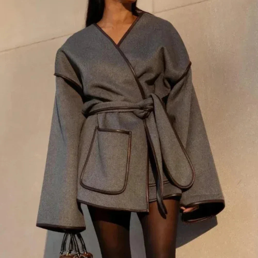 Women's Belted Wrap Jacket with Wide Sleeves in Grey