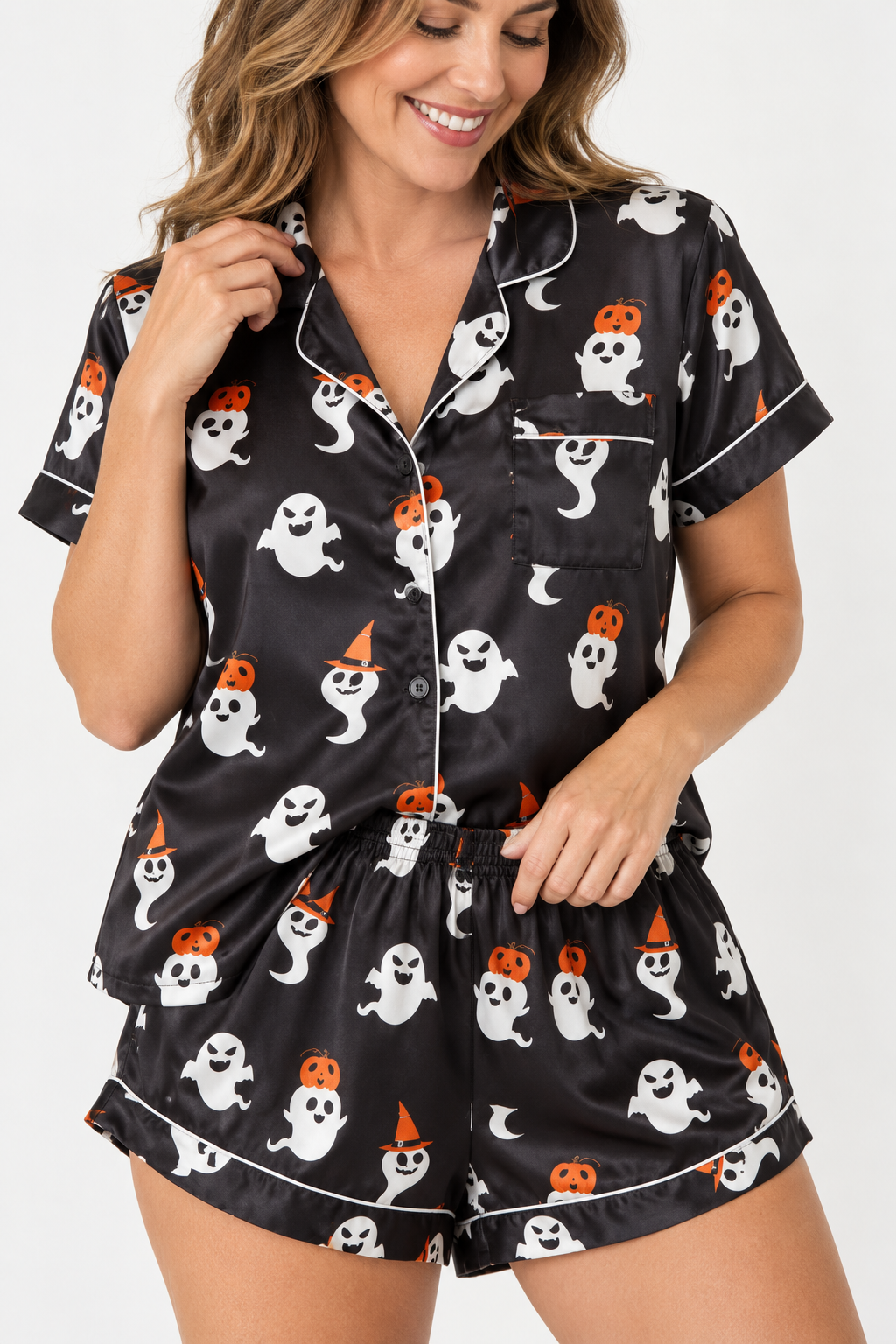 Women's Black Ghost Satin Halloween Pajama Set