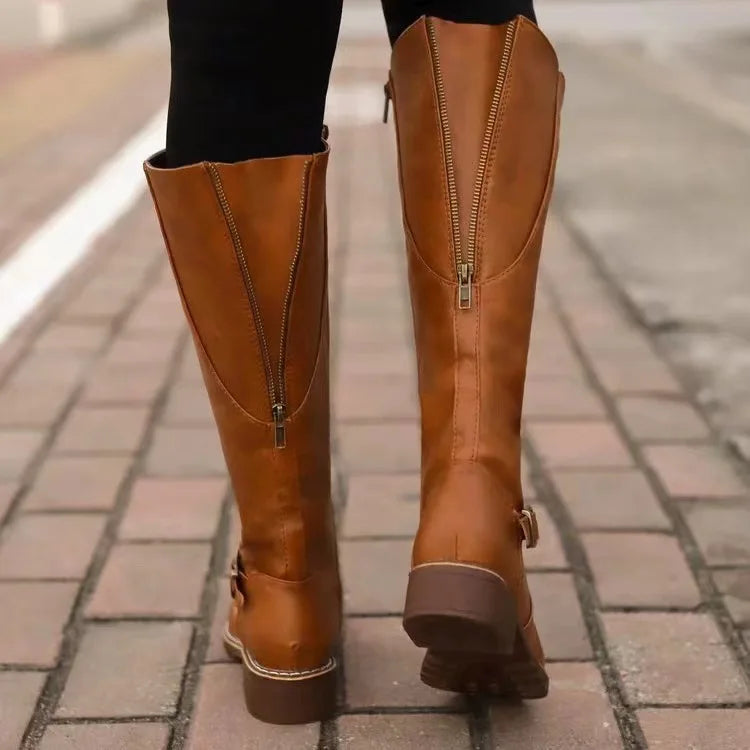 Women's Brown Knee-High Riding Boots with Buckle Detail