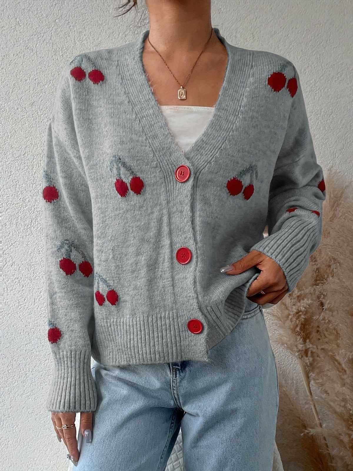 Women's Button-Front Knit Cardigan with Cherry Print
