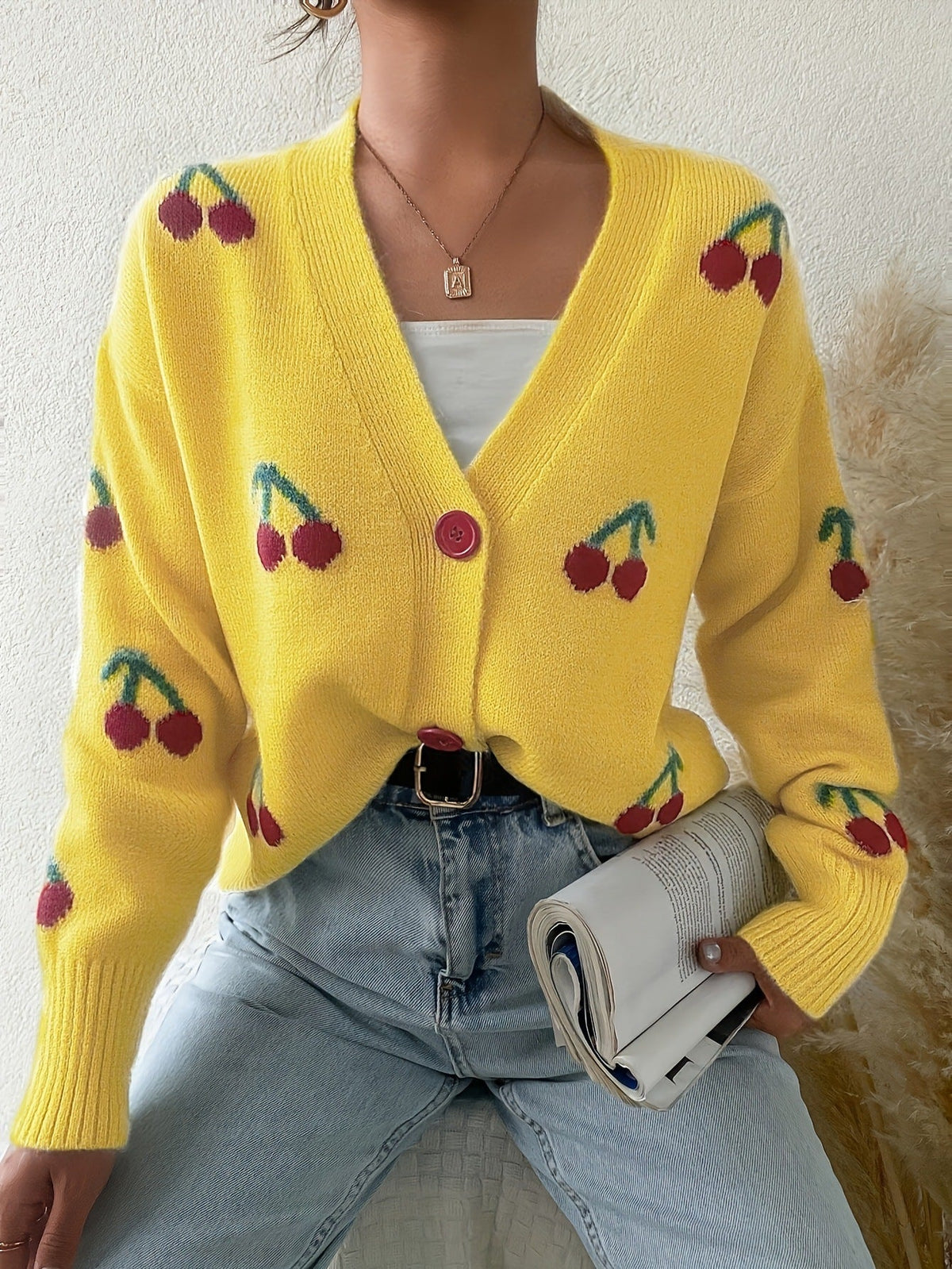 Women's Button-Front Knit Cardigan with Cherry Print