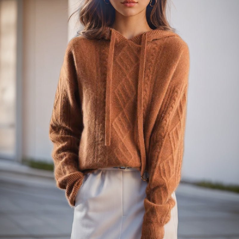 Women's Cable-Knit Hooded Pullover with Drawstring